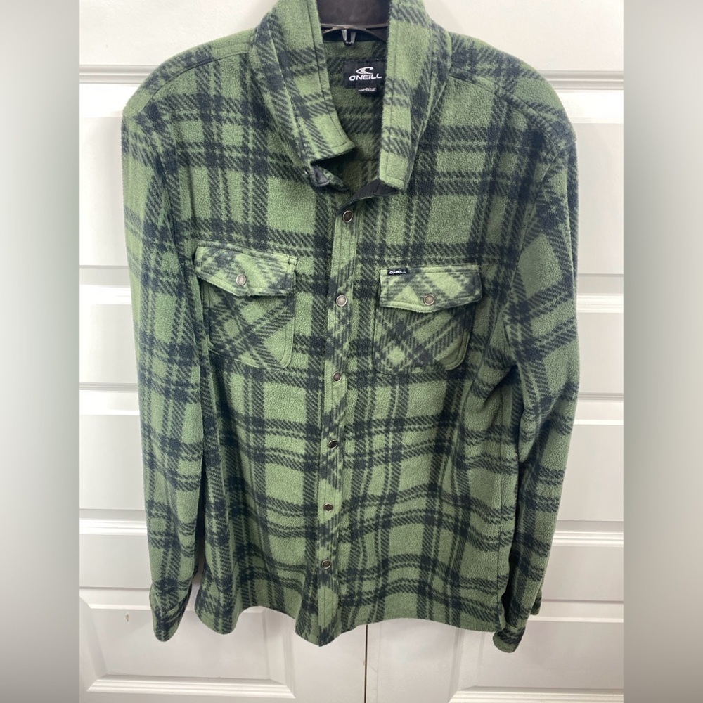 Oneill super soft Fleece plaid  Snap Button Up Standard Fit Green Black Large